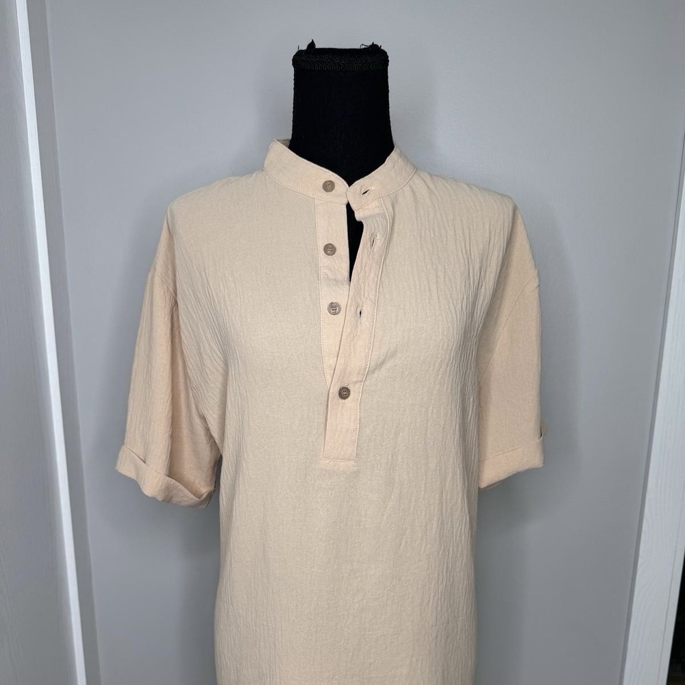 COOFANDY Beige Textured Henley Tunic Top Women's‎ M Short Sleeve Relax Oversized